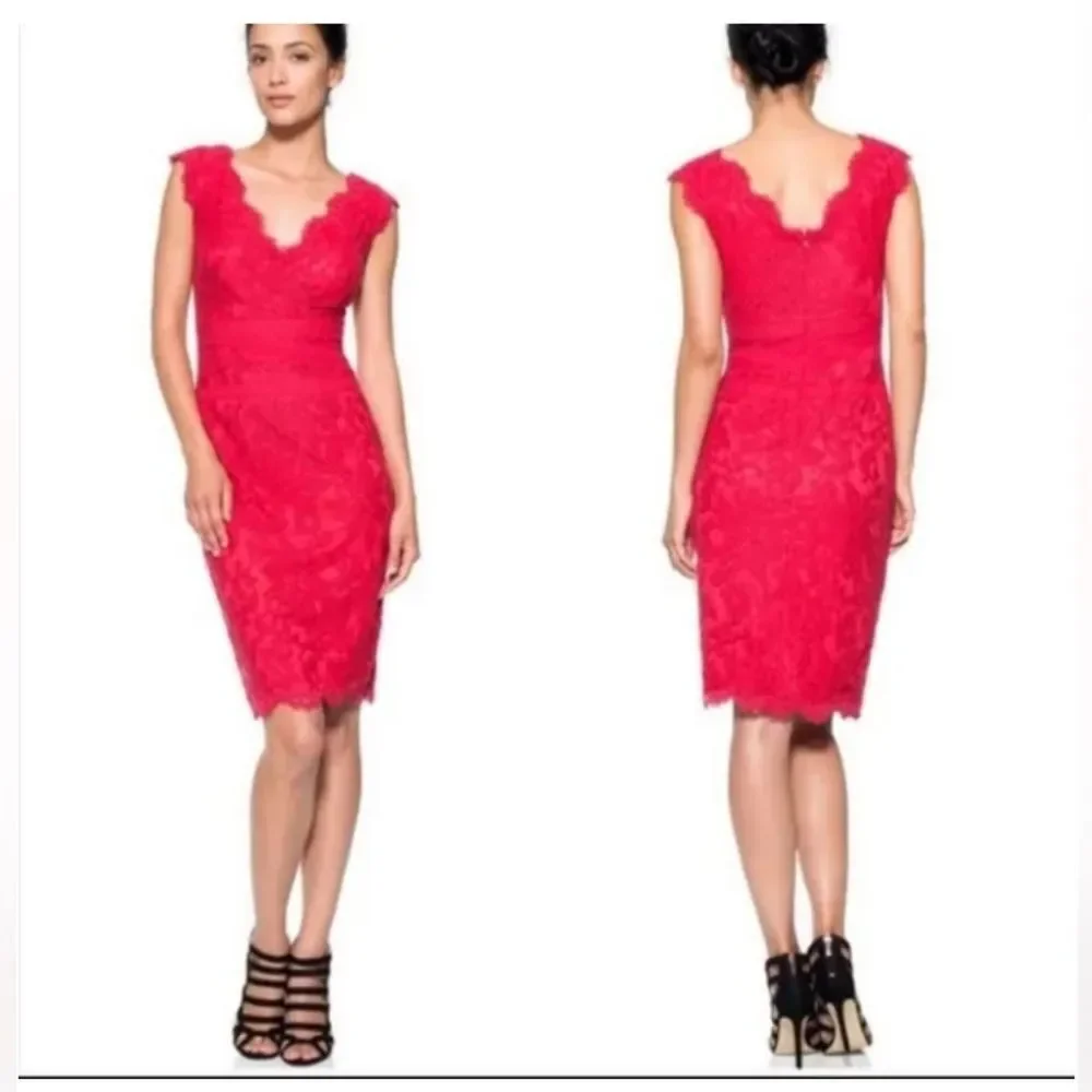 Tadashi Shoji Paillette Lace Double V-Neckline Cocktail Dress Coral / Coral Sz 6
